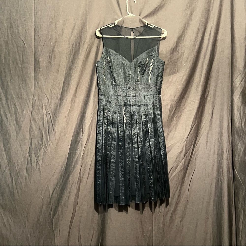 Adrianna Papell Shimmer Mesh Pleated Blue Gray Cocktail Mini Dress Women’s Sz 8